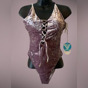 NEW One Piece Swimsuit  | WET Purple Crushed Velvet lace up front Swimwear NWT M